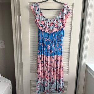 Floral pink & blue off shoulder sundress